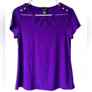 Adele & May Bright Purple Cap Sleeve Short Sleeve Blouse size Small Sheer Cutout